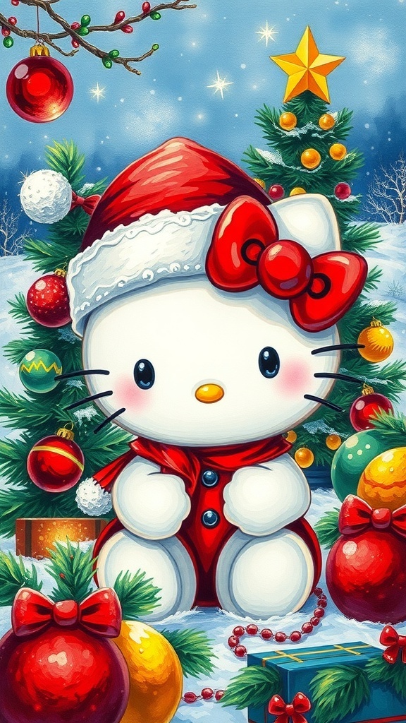 Hello Kitty Christmas painting with Santa hat, Christmas tree, and snowy background.